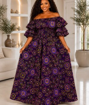 Woman Wearing An African Print Maxi Dress, Ankara Dress, Purple Floral Plus Size Maxi, Dashiki Infinity Gown, Wedding Guest Dress, Ruffle Sleeve.