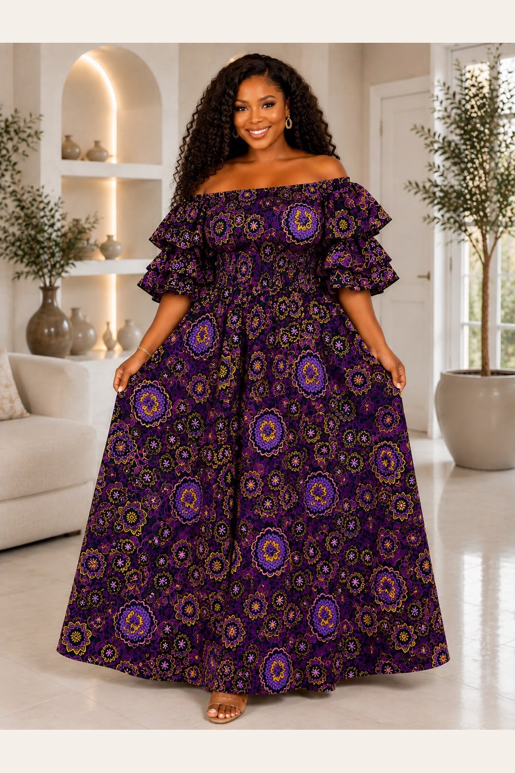 Woman Wearing An African Print Maxi Dress, Ankara Dress, Purple Floral Plus Size Maxi, Dashiki Infinity Gown, Wedding Guest Dress, Ruffle Sleeve.
