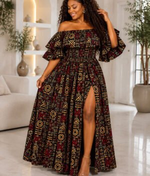Woman Wearing An Ankara Maxi Dress High Slit, African Print Dress, Black Gold Geometric Gown, Smocked Bodice Prom Dress, Wedding Guest Dress.