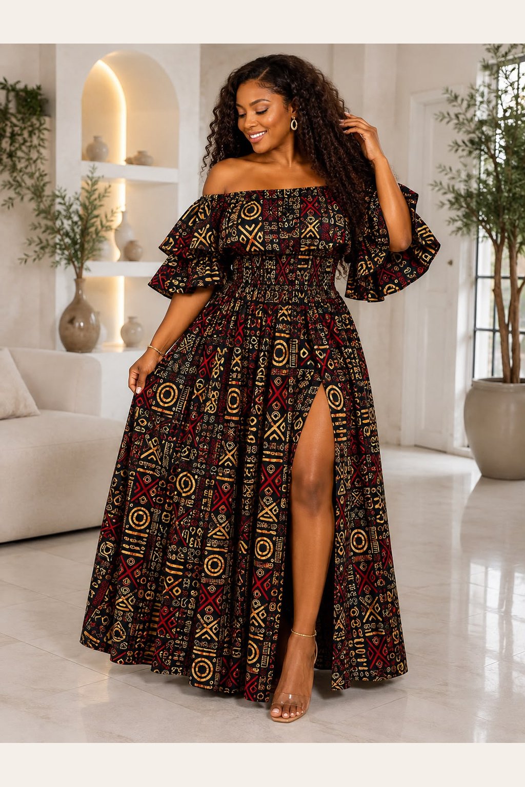 Woman Wearing An Ankara Maxi Dress High Slit, African Print Dress, Black Gold Geometric Gown, Smocked Bodice Prom Dress, Wedding Guest Dress.