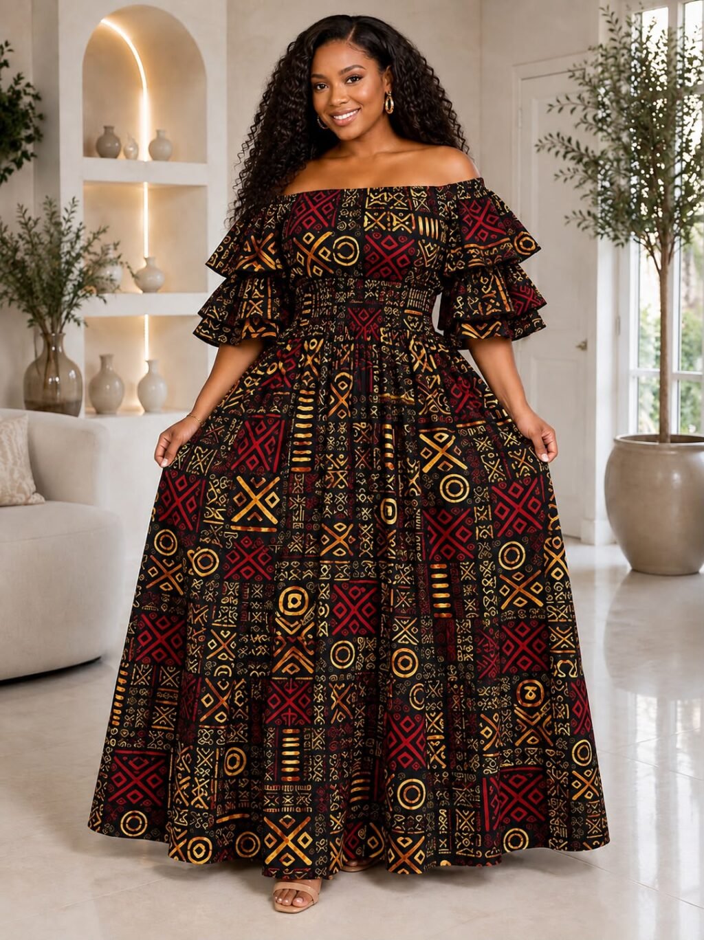 Ankara Maxi Dress High Slit, African Print Dress, Black Gold Geometric Gown, Smocked Bodice Prom Dress, Wedding Guest Dress