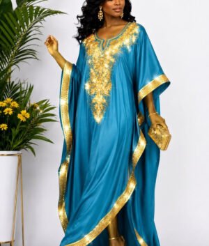Woman Wearing A Luxury Turquoise Blue & Gold Embellished Kaftan Maxi Gown.