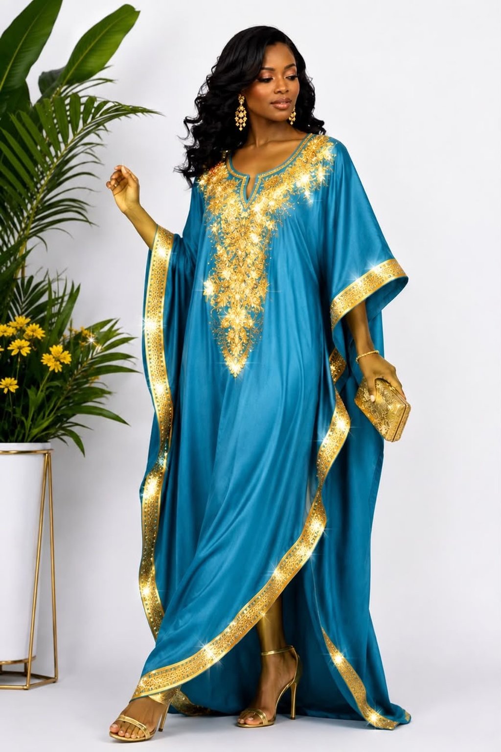 Woman Wearing A Luxury Turquoise Blue & Gold Embellished Kaftan Maxi Gown.