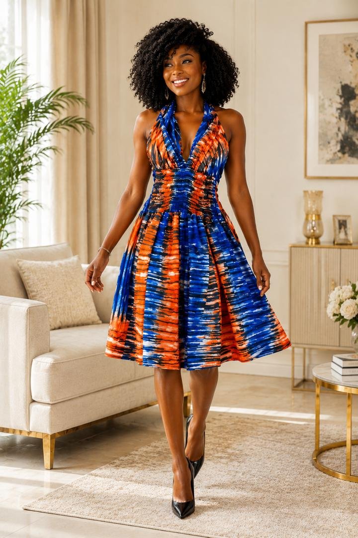 African Tie‑Dye Halter Dress – Vibrant Blue & Orange Midi Dress for Women, Handmade Ankara Summer Party Outfit. 2 Woman Wearing An African Tie‑Dye Halter Dress – Vibrant Blue & Orange Midi Dress for Women, Handmade Ankara Summer Party Outfit.