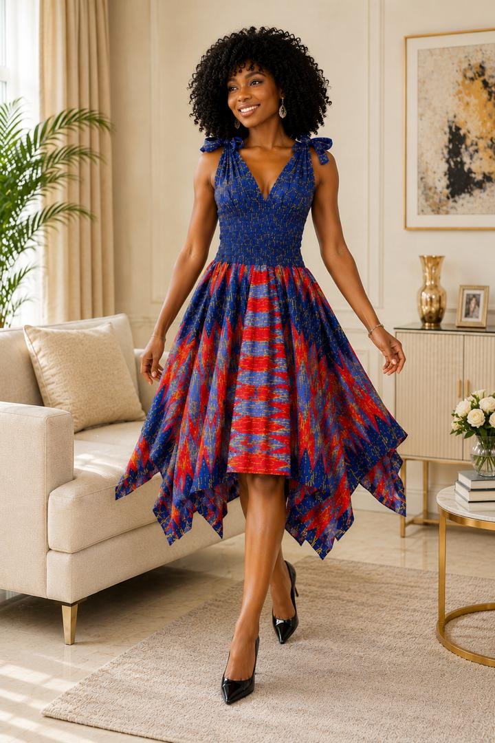 African Blue & Red Geometric Dress – Handmade Ankara V‑Neck Flare Dress for Women, Elegant Party Outfit. 3 Woman Wearing An African Blue & Red Geometric Dress – Handmade Ankara V‑Neck Flare Dress for Women, Elegant Party Outfit.
