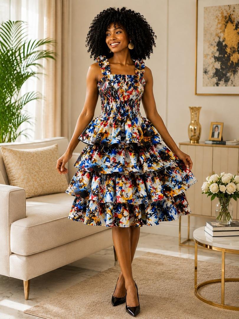 African Ruffle Tiered Dress – Colorful Ankara Party Dress for Women, Handmade African Print Fashion, Elegant Occasion Outfit. 2 Woman Wearing An African Ruffle Tiered Dress – Colorful Ankara Party Dress for Women, Handmade African Print Fashion, Elegant Occasion Outfit.