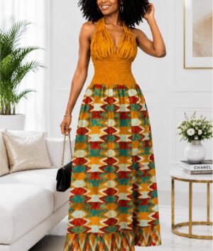 Woman Wearing An Amara Halter Maxi Dress – Mustard Yellow and Geometric Abstract African Print Gown.