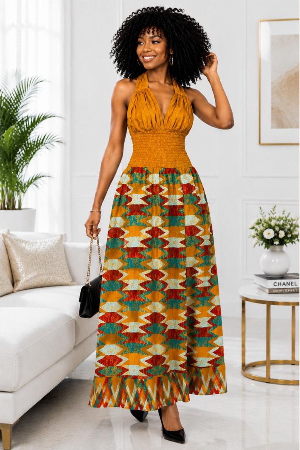 Woman Wearing An Amara Halter Maxi Dress – Mustard Yellow and Geometric Abstract African Print Gown.