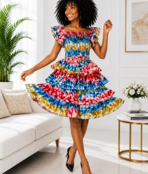 A Woman Wearing A Zaria Multi-Tiered Ruffle Cocktail Dress – Vibrant Kaleidoscope Tie-Dye Print with Flutter Sleeves.