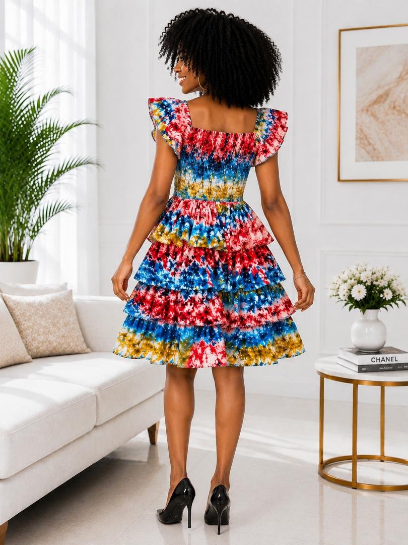 Zaria Multi-Tiered Ruffle Cocktail Dress – Vibrant Kaleidoscope Tie-Dye Print with Flutter Sleeves. 3 A Woman Wearing A Zaria Multi-Tiered Ruffle Cocktail Dress – Vibrant Kaleidoscope Tie-Dye Print with Flutter Sleeves.