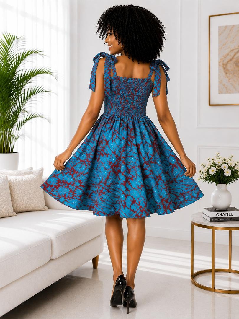 Maya Smocked A-Line Dress – Teal Blue and Burgundy Abstract Tie-Dye Print. 3 Woman Wearing A Maya Smocked A-Line Dress – Teal Blue and Burgundy Abstract Tie-Dye Print.