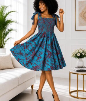 Woman Wearing A Maya Smocked A-Line Dress – Teal Blue and Burgundy Abstract Tie-Dye Print.