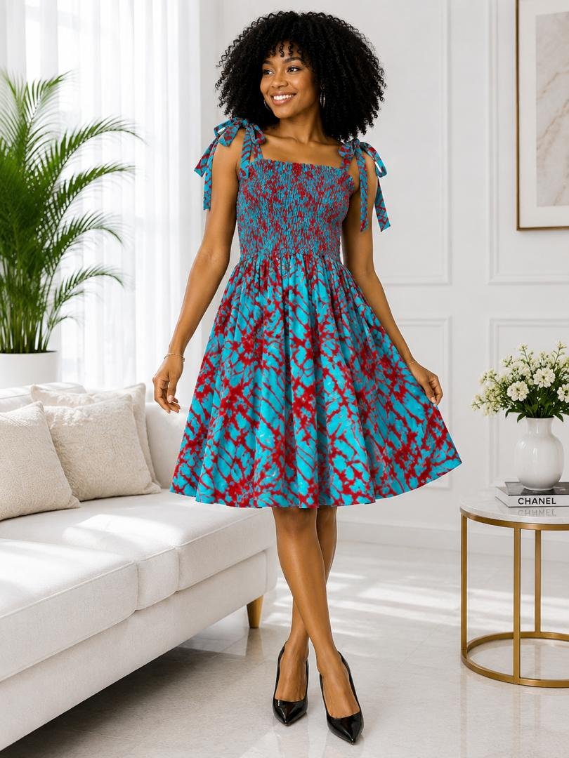 Maya Smocked A-Line Dress – Teal Blue and Burgundy Abstract Tie-Dye Print. 2 Woman Wearing A Maya Smocked A-Line Dress – Teal Blue and Burgundy Abstract Tie-Dye Print.