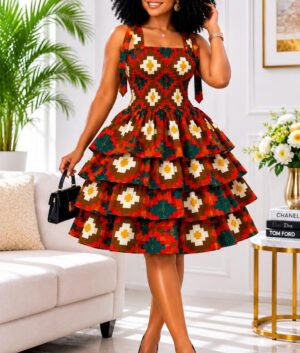 Woman Wearing A Kenia Multi-Tiered Ruffle Cocktail Dress – Vibrant Geometric Pixelated African Print.