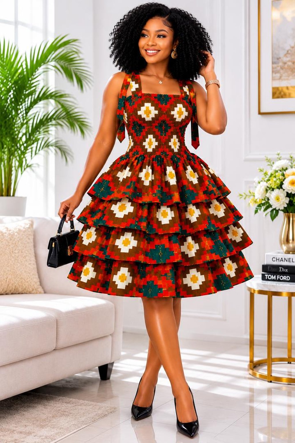 Woman Wearing A Kenia Multi-Tiered Ruffle Cocktail Dress – Vibrant Geometric Pixelated African Print.