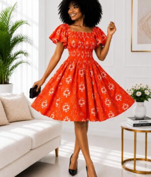 Woman Wearing A Zuri Smocked A-Line Midi Dress – Terracotta Orange and White Abstract African Print.