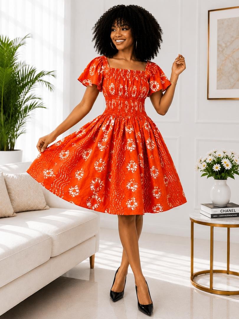 Zuri Smocked A-Line Midi Dress – Terracotta Orange and White Abstract African Print. 2 Woman Wearing A Zuri Smocked A-Line Midi Dress – Terracotta Orange and White Abstract African Print.