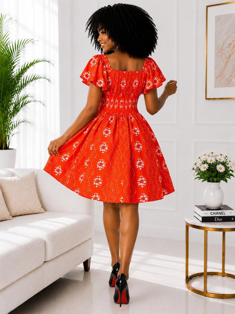 Zuri Smocked A-Line Midi Dress – Terracotta Orange and White Abstract African Print. 3 Woman Wearing A Zuri Smocked A-Line Midi Dress – Terracotta Orange and White Abstract African Print.