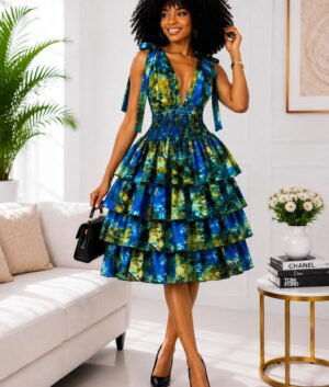 Woman Wearing A Kenia Multi-Tiered Ruffle Cocktail Dress – Ocean Blue and Moss Green Abstract Tie-Dye Print.