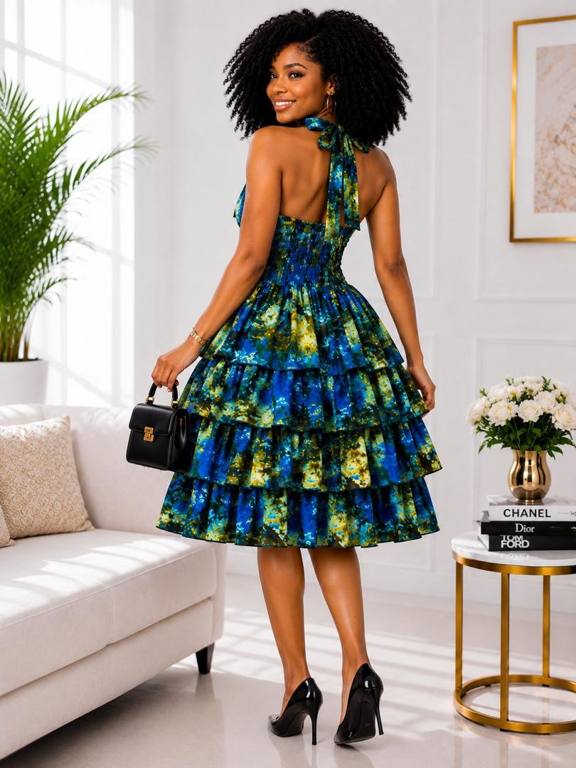 Kenia Multi-Tiered Ruffle Cocktail Dress – Ocean Blue and Moss Green Abstract Tie-Dye Print. 3 Woman Wearing A Kenia Multi-Tiered Ruffle Cocktail Dress – Ocean Blue and Moss Green Abstract Tie-Dye Print.