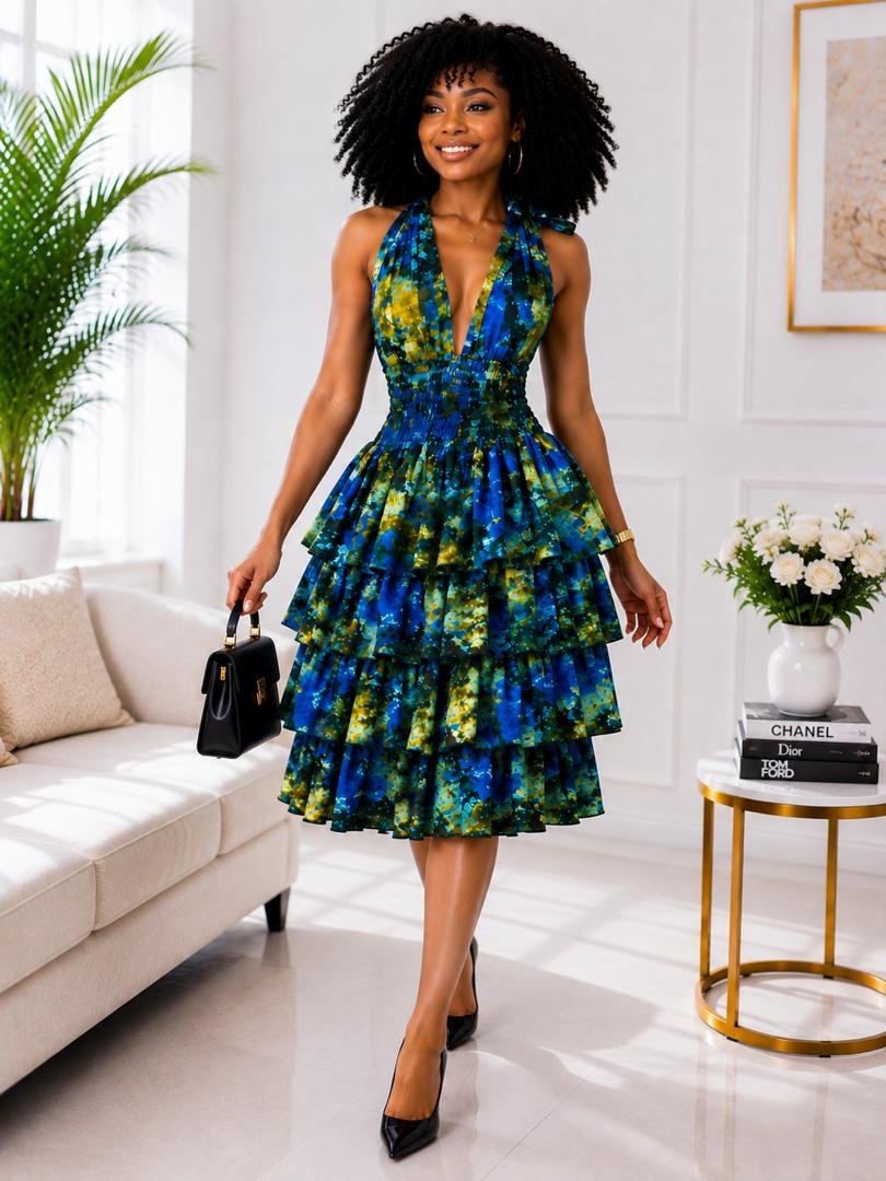 Kenia Multi-Tiered Ruffle Cocktail Dress – Ocean Blue and Moss Green Abstract Tie-Dye Print. 2 Woman Wearing A Kenia Multi-Tiered Ruffle Cocktail Dress – Ocean Blue and Moss Green Abstract Tie-Dye Print.