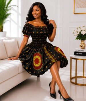 A Woman Wearing A Zuri African Balloon Mini Dress – Black Ankara Print Gown with Sunburst Medallion and Bubble Hem.