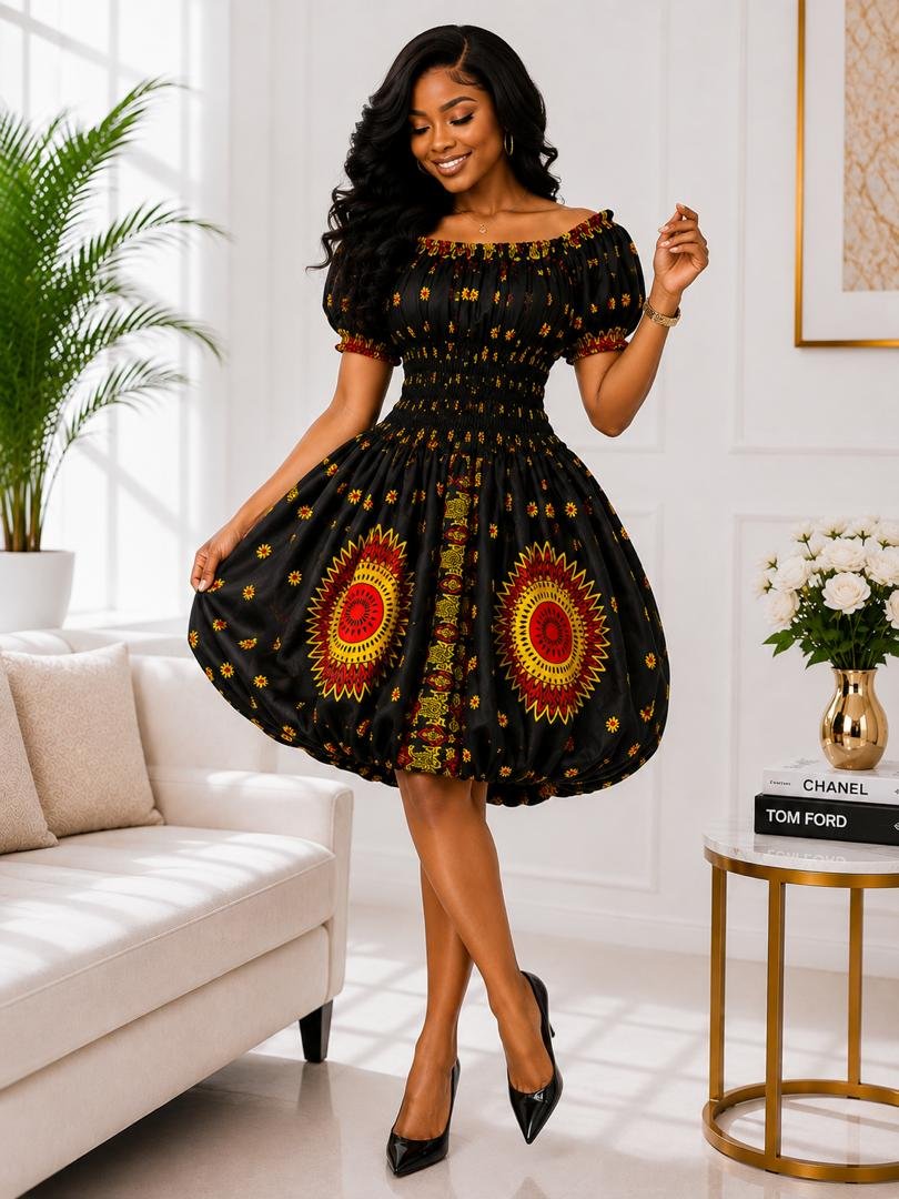 Zuri African Balloon Mini Dress – Black Ankara Print Gown with Sunburst Medallion and Bubble Hem. 3 A Woman Wearing A Zuri African Balloon Mini Dress – Black Ankara Print Gown with Sunburst Medallion and Bubble Hem.