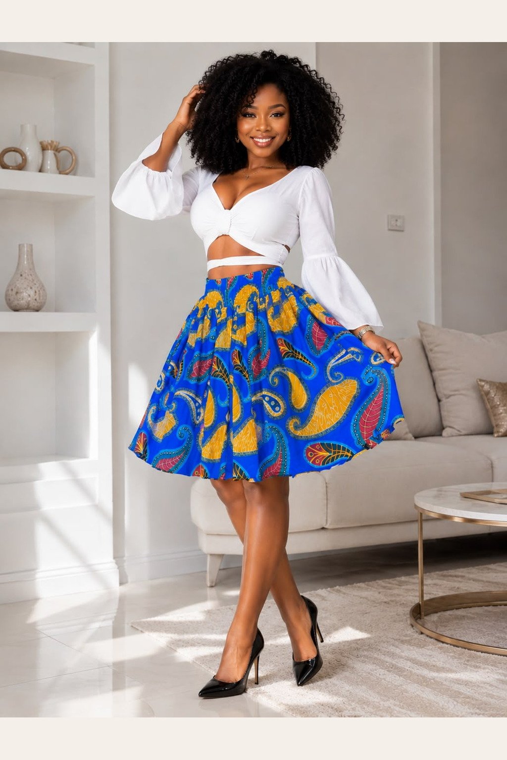 A Woman Wearing A Ankara Flare Mini Skirt – High-Waisted Royal Blue and Yellow Paisley African Print For Women and Summer Party Outfit.