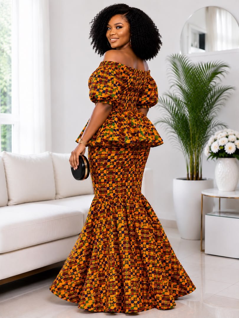 Zuri Smocked Kente Peplum Mermaid Set – Earth-Toned Geometric African Print Two-Piece Gown. 2 Woman Wearing A Zuri Smocked Kente Peplum Mermaid Set – Earth-Toned Geometric African Print Two-Piece Gown