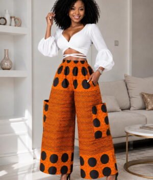 A Woman Wearing A Wide-Leg Ankara Pants – Orange and Black Polka Dot Geometric Palazzo Trousers.