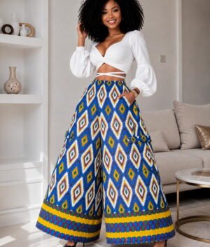 A Woman Wearing A Wide-Leg Ankara Pants – Royal Blue and Yellow Geometric Ikat Palazzo Trousers Only.