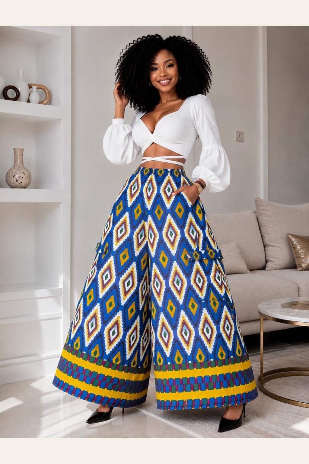 A Woman Wearing A Wide-Leg Ankara Pants – Royal Blue and Yellow Geometric Ikat Palazzo Trousers Only.