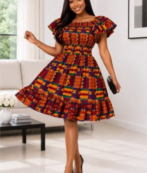 Woman Wearing An African Smocked A-Line Mini And Earth-Toned Geometric Kente Ankara Print Cocktail Dress.