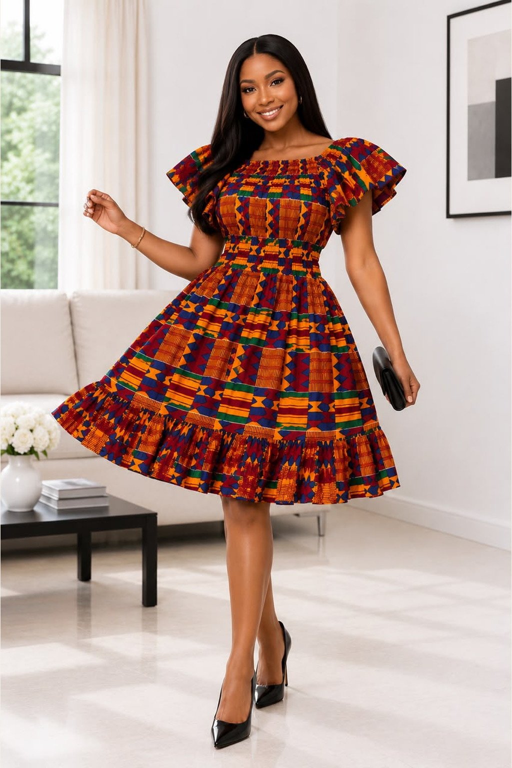 Woman Wearing An African Smocked A-Line Mini And Earth-Toned Geometric Kente Ankara Print Cocktail Dress.