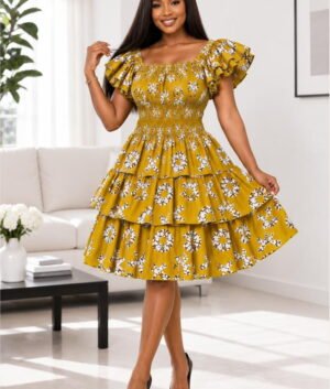 Woman Wearing An African Multi-Tiered Ruffle Cocktail And Mustard Yellow XOXO Print Ankara Mini Dress.