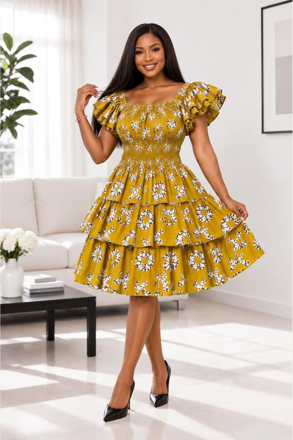 Woman Wearing An African Multi-Tiered Ruffle Cocktail And Mustard Yellow XOXO Print Ankara Mini Dress.
