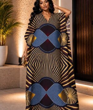 A Woman Wearing A Luxury Ankara Kaftan Gown, Royal Blue and Gold Geometric Kaleidoscope Boubou Dress.