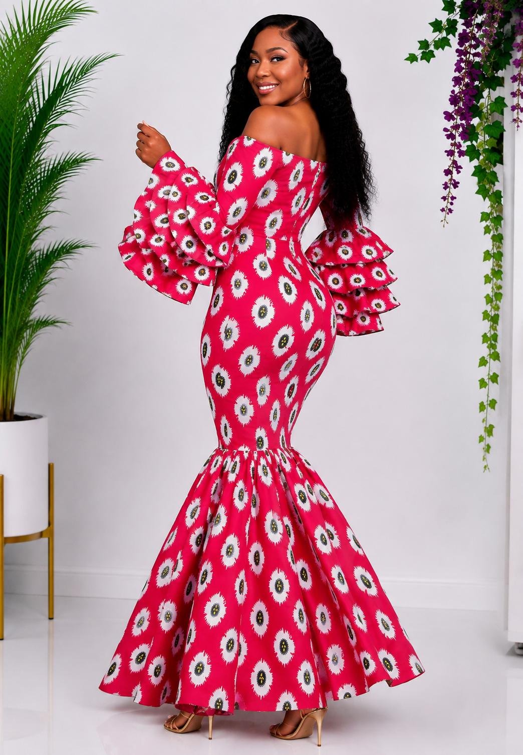 Elastic Magenta Pink Ankara Print Dress and Mermaid Gown with Dramatic Three-Tiered Ruffles. 3 A Woman Wearing A Magenta Pink Ankara Print Dress and Mermaid Gown with Dramatic Three-Tiered Ruffles.