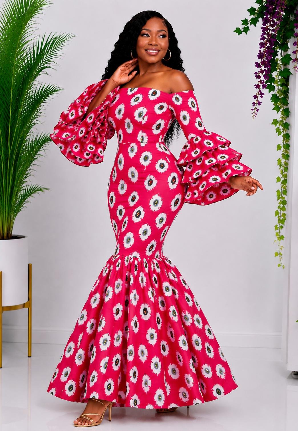 Elastic Magenta Pink Ankara Print Dress and Mermaid Gown with Dramatic Three-Tiered Ruffles. 2 A Woman Wearing A Magenta Pink Ankara Print Dress and Mermaid Gown with Dramatic Three-Tiered Ruffles.