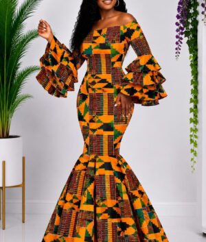 A Woman Wearing A Kente Mermaid Gown and Earth-Toned African Print Dress with Dramatic Tiered Ruffles