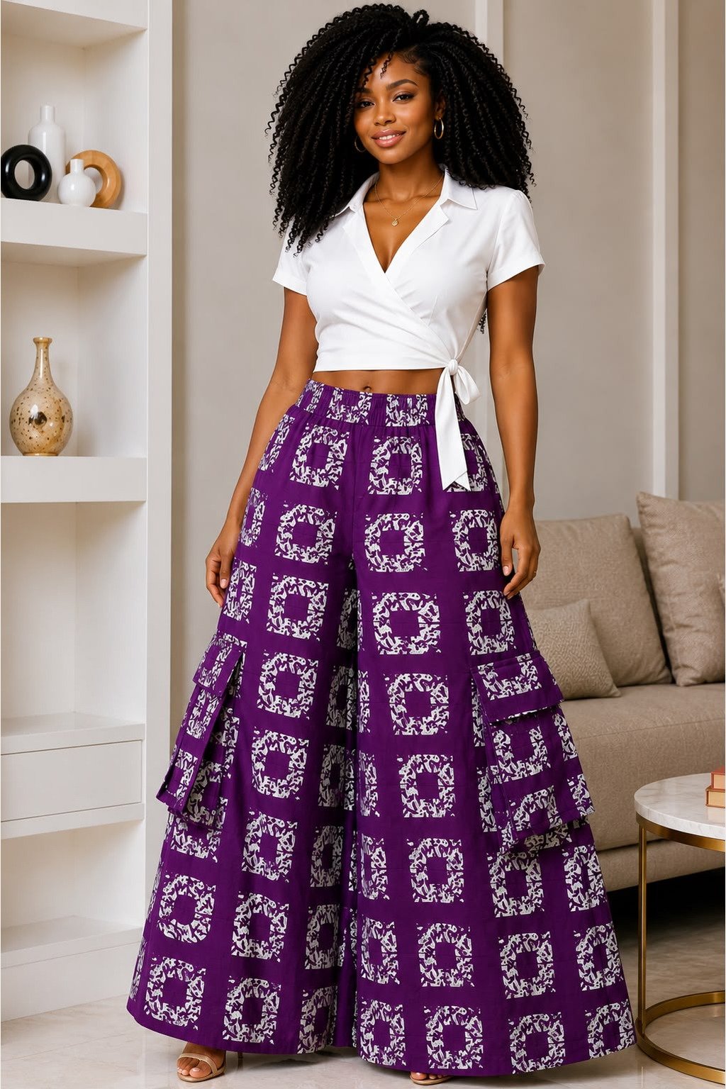 A Woman Wearing A Royal Purple and White Geometric Patchwork Palazzo Trousers And Wide-Leg Ankara Cargo Pants Only.