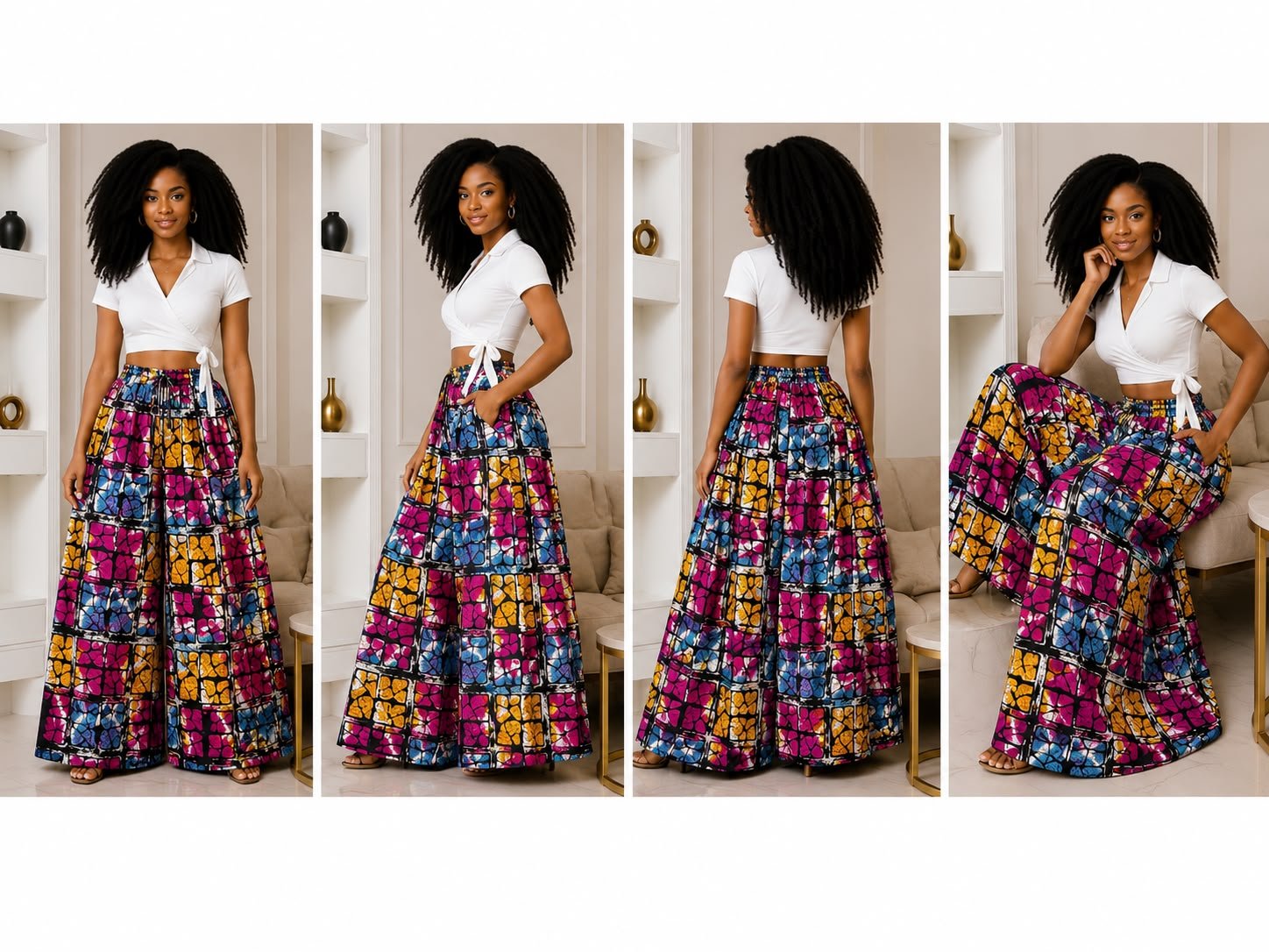 Multicolor Geometric Grid Wide-Leg Ankara Pants and Patchwork Palazzo Trousers Only. 4 A Woman Wearing Multicolor Geometric Grid Wide-Leg Ankara Pants and Patchwork Palazzo Trousers Only.