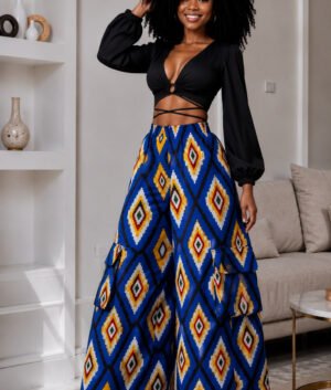 A Woman Wearing Royal Blue and Yellow Wide-Leg Ankara Cargo Pants and Geometric Diamond Palazzo Trousers Only.