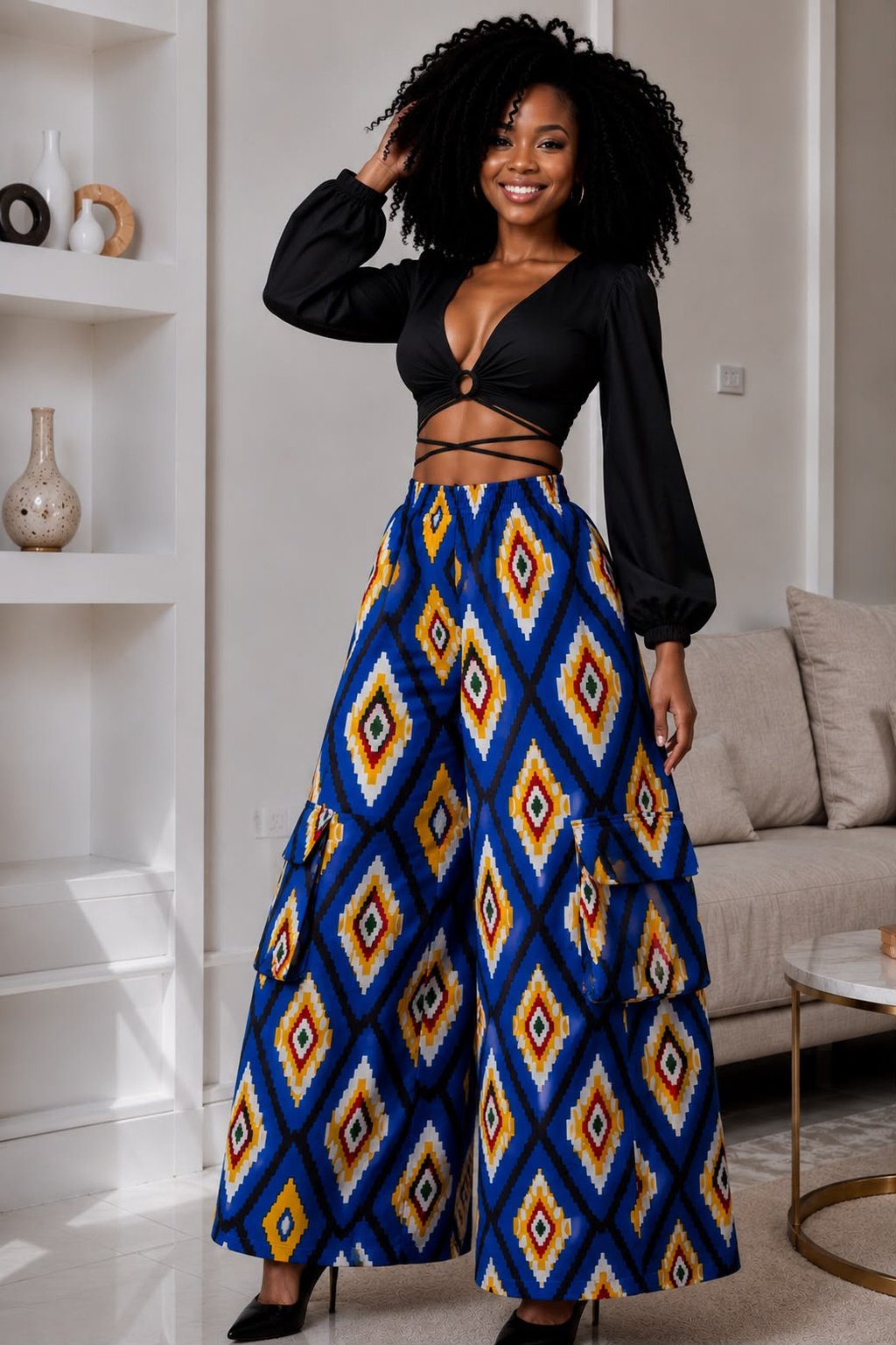 A Woman Wearing Royal Blue and Yellow Wide-Leg Ankara Cargo Pants and Geometric Diamond Palazzo Trousers Only.