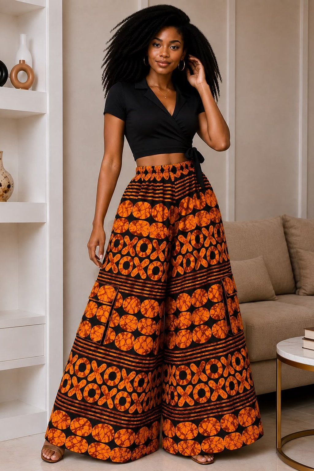 Woman Wearing A Terracotta Orange and Black Polka Dot Wide-Leg Ankara Cargo Pants and Palazzo Trousers Only.