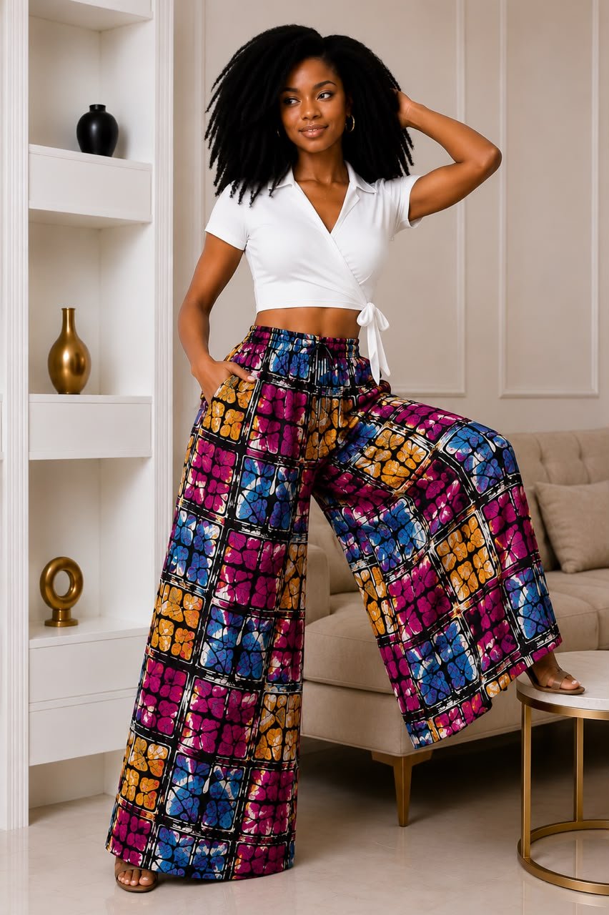 Multicolor Geometric Grid Wide-Leg Ankara Pants and Patchwork Palazzo Trousers Only. 3 A Woman Wearing Multicolor Geometric Grid Wide-Leg Ankara Pants and Patchwork Palazzo Trousers Only.
