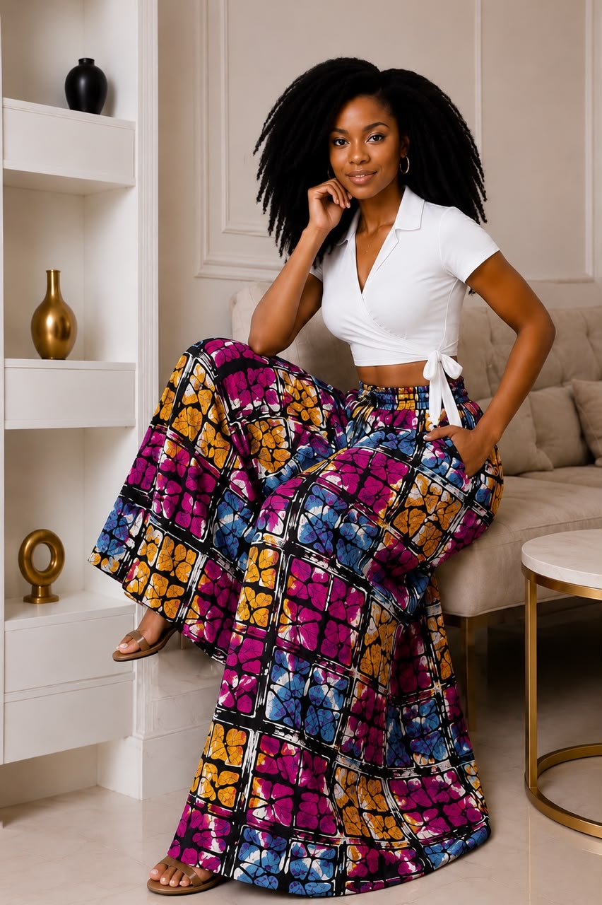 Multicolor Geometric Grid Wide-Leg Ankara Pants and Patchwork Palazzo Trousers Only. 2 A Woman Wearing Multicolor Geometric Grid Wide-Leg Ankara Pants and Patchwork Palazzo Trousers Only.