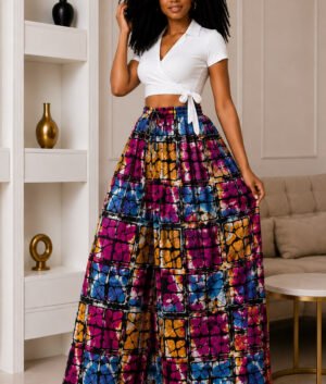 A Woman Wearing Multicolor Geometric Grid Wide-Leg Ankara Pants and Patchwork Palazzo Trousers Only.