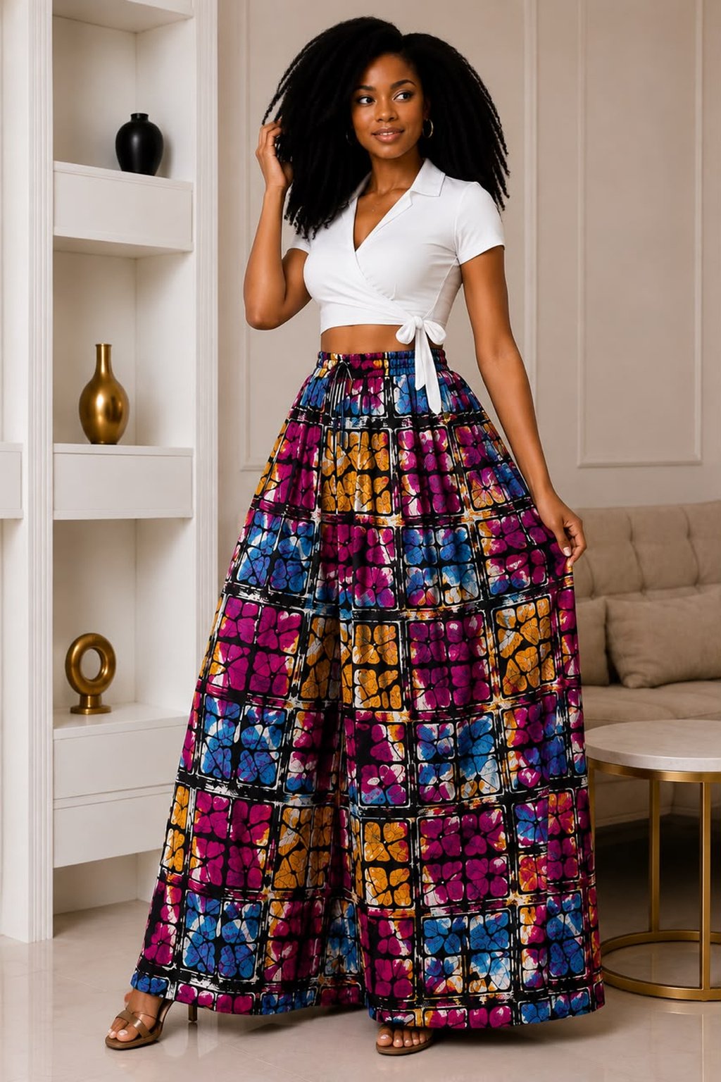 A Woman Wearing Multicolor Geometric Grid Wide-Leg Ankara Pants and Patchwork Palazzo Trousers Only.