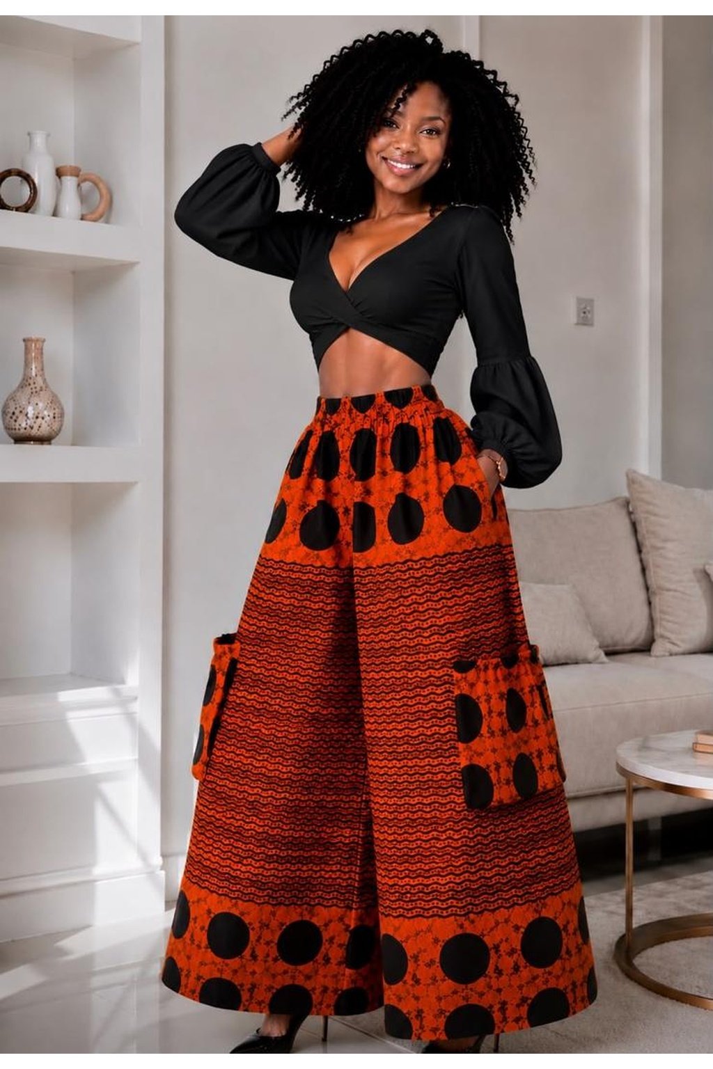 Woman Wearing A Wide-Leg Ankara Cargo Pants and Terracotta Orange and Black Polka Dot Palazzo Trousers only.